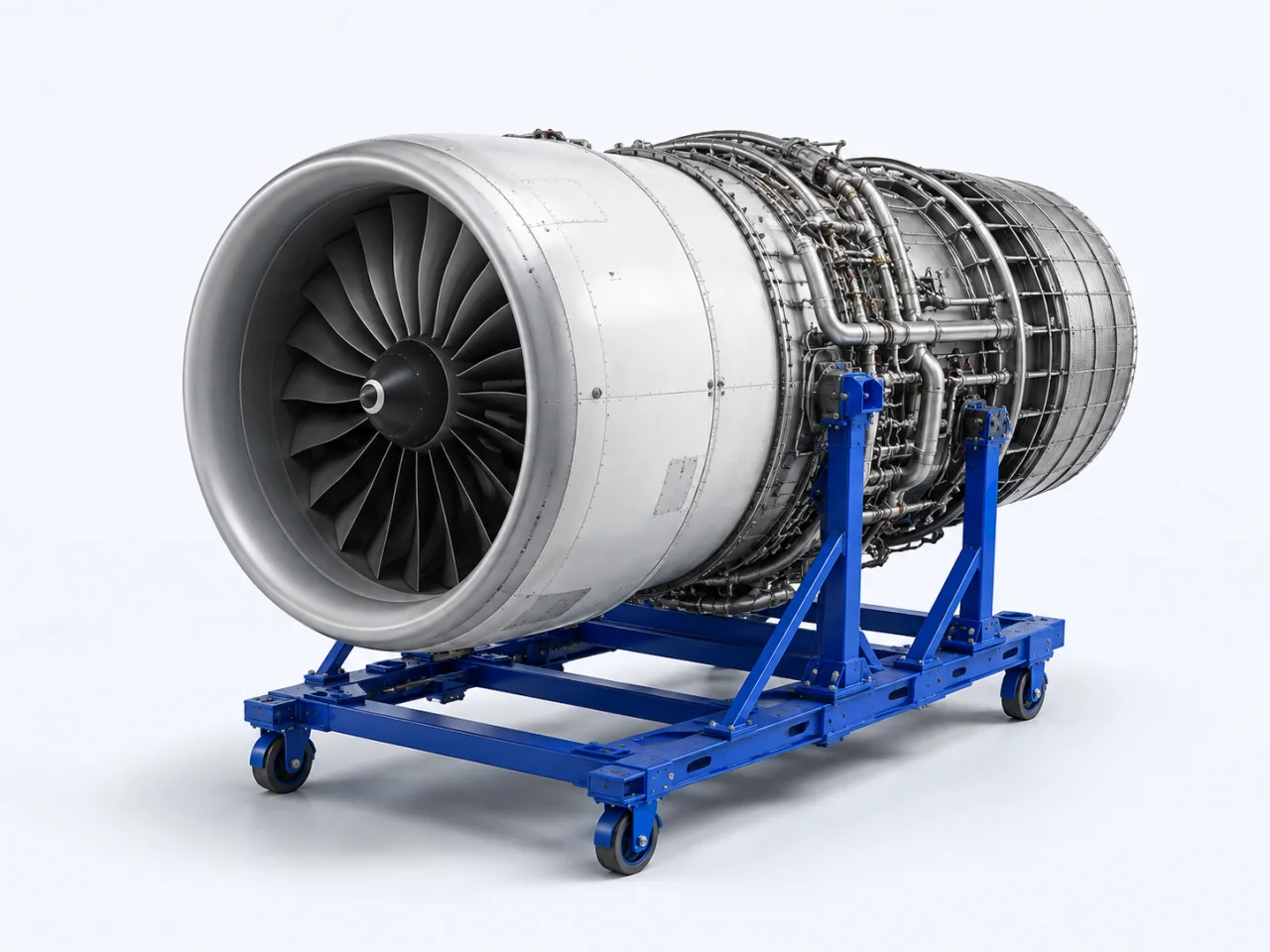A civil aircraft turbofan engine on a maintenance stand.