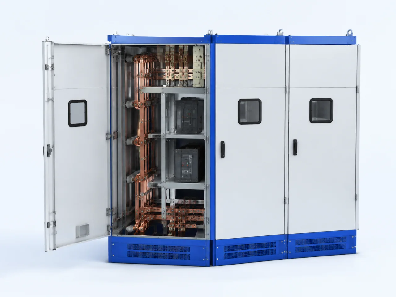 Industrial switchgear cabinets with visible internal electrical components.