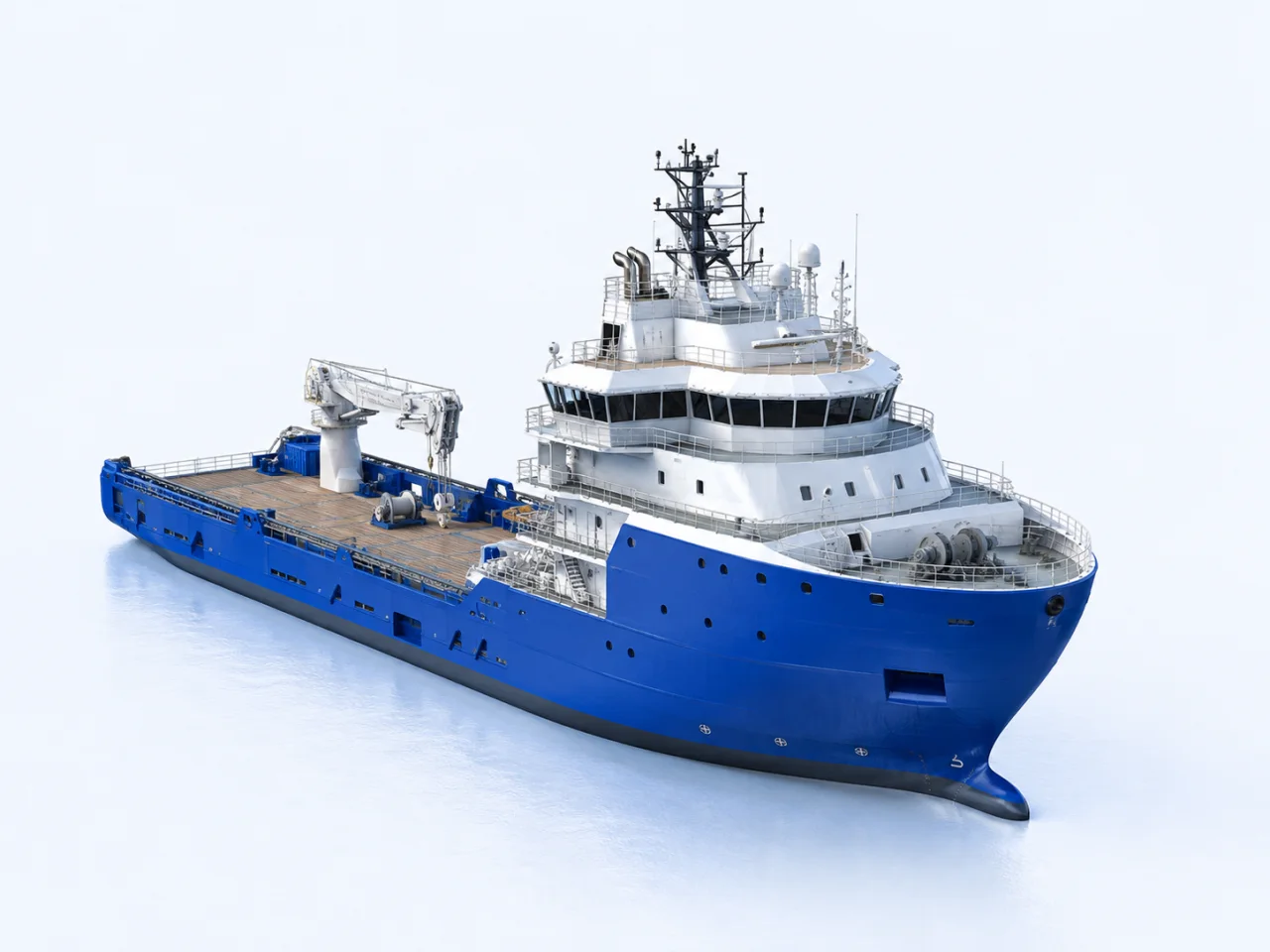 A blue and white offshore support vessel with an aft working deck.