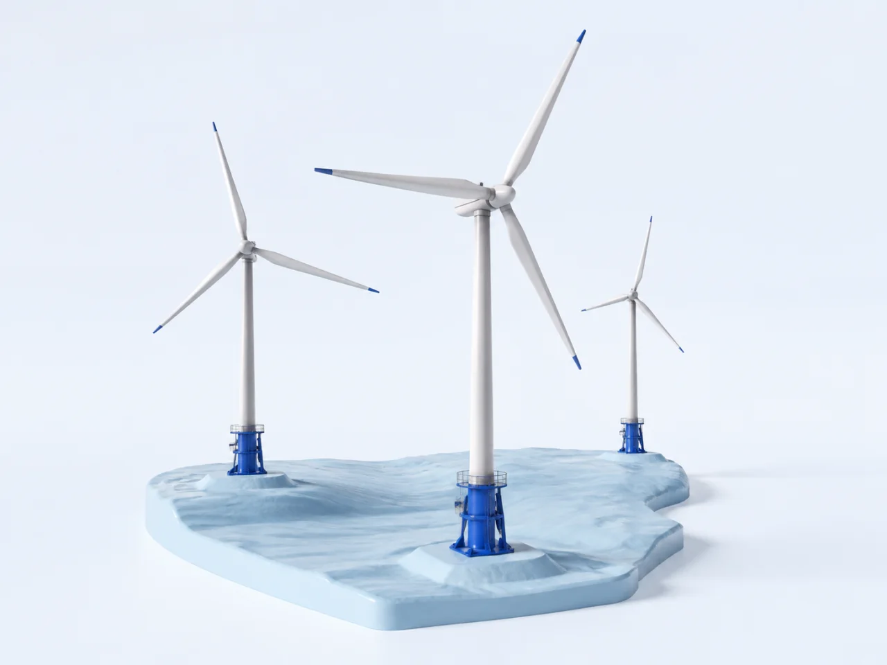 Offshore wind turbines with white towers and blue foundations.