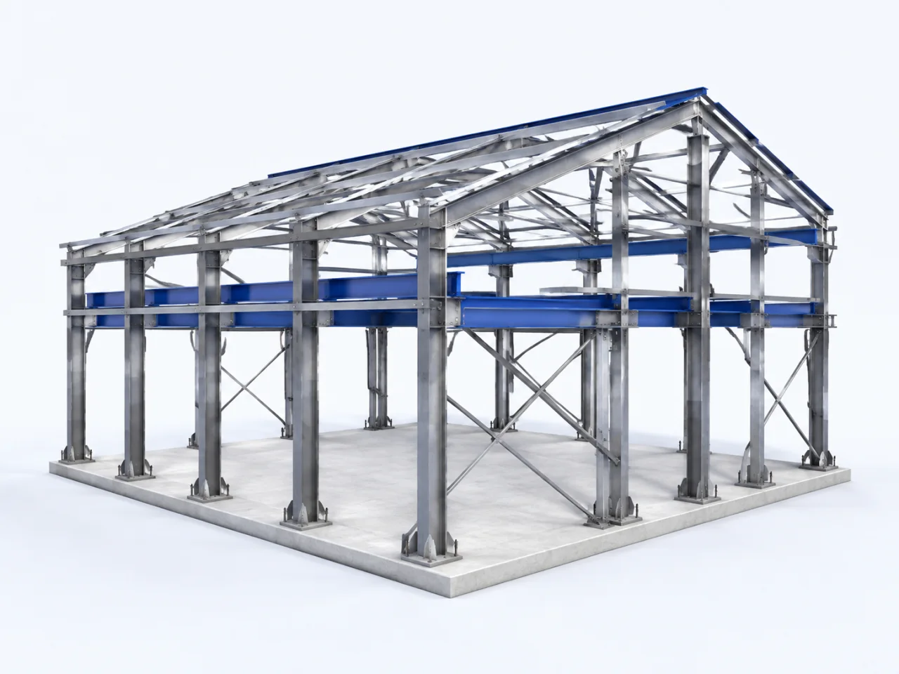 An industrial steel building frame with beams and diagonal bracing.