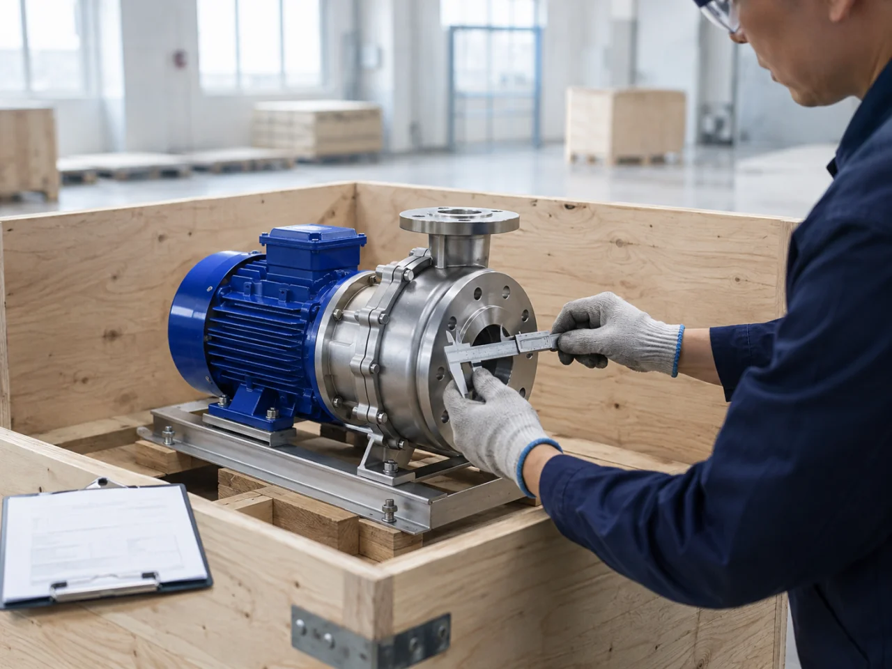 An inspector measuring a pump assembly before shipment